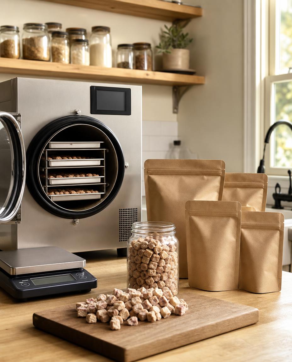 CoCoBelle's small batch kitchen with a freeze dryer, trays of freeze dried pet food and fresh ingredients